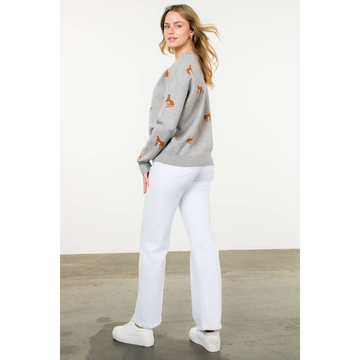 Embroidered Cheetah Crew Neck Sweater