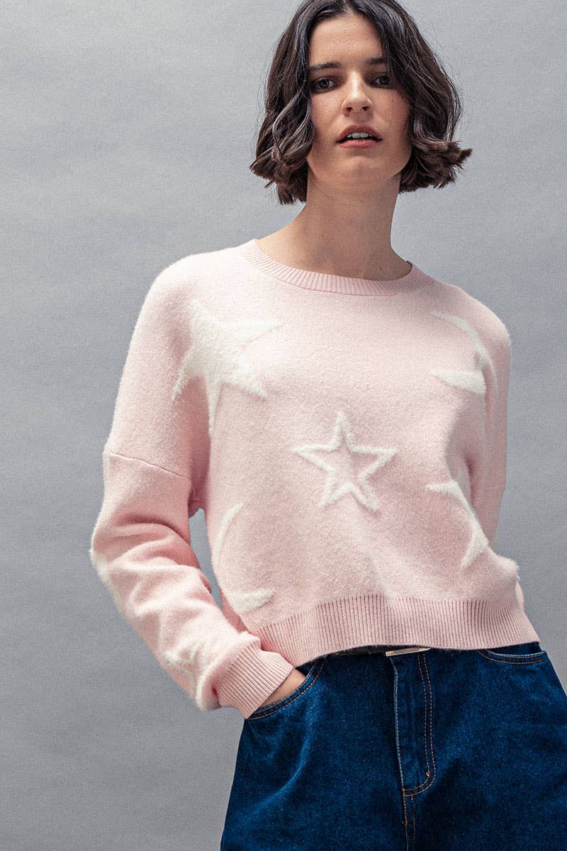 Celestial Star Moon Pattern Ribbed Crew Neck Cropped Sweater