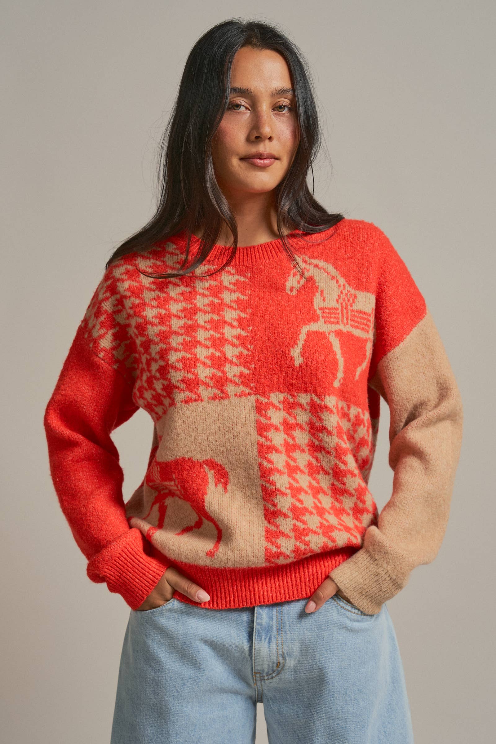 Houndstooth Horse Colorblock Knit Sweater