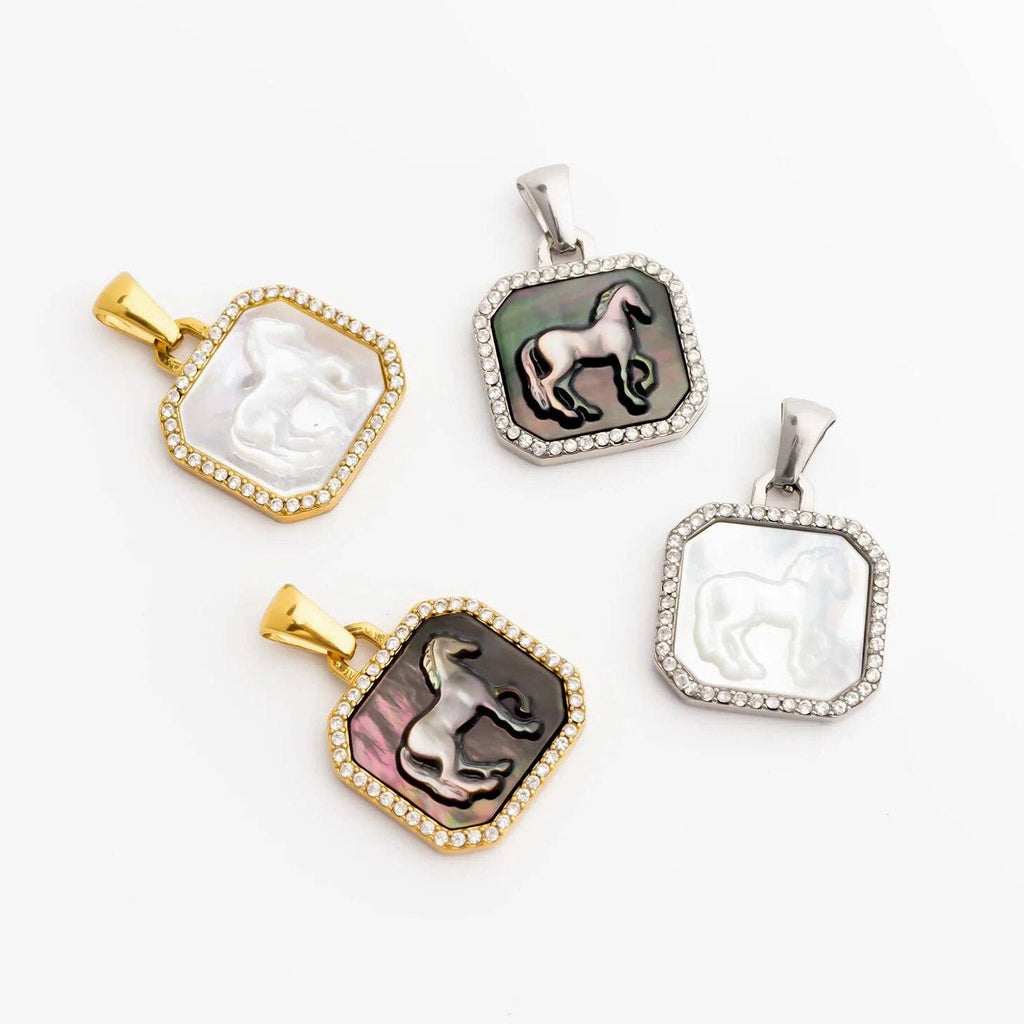 18K Gold Stainless Steel MOP Horse With CZ Stone Pendant