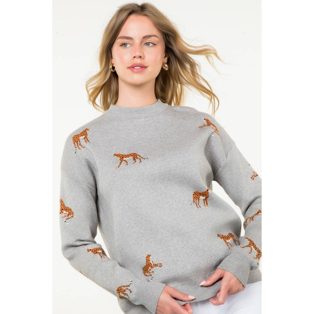 Embroidered Cheetah Crew Neck Sweater