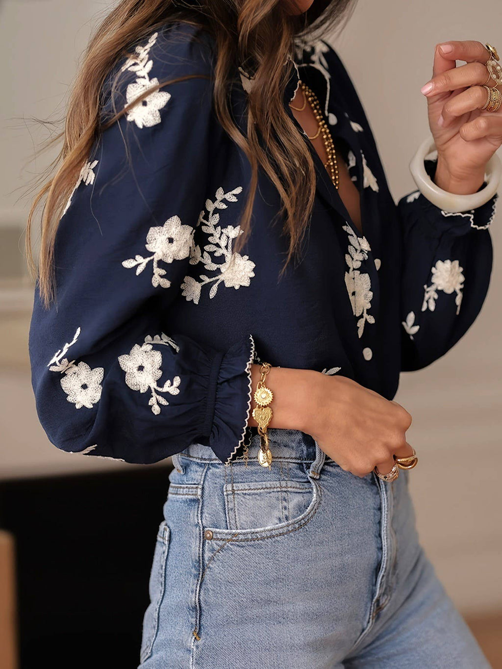 Romance Boho Ecru Floral Ruffled Blouse