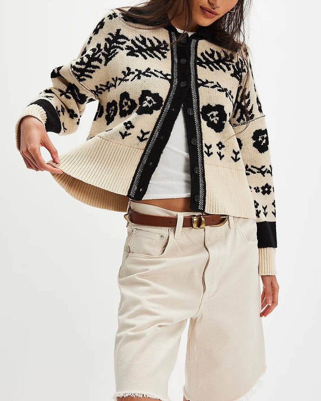 Vintage Boho Rose Jacquard Cowboy Cardigan