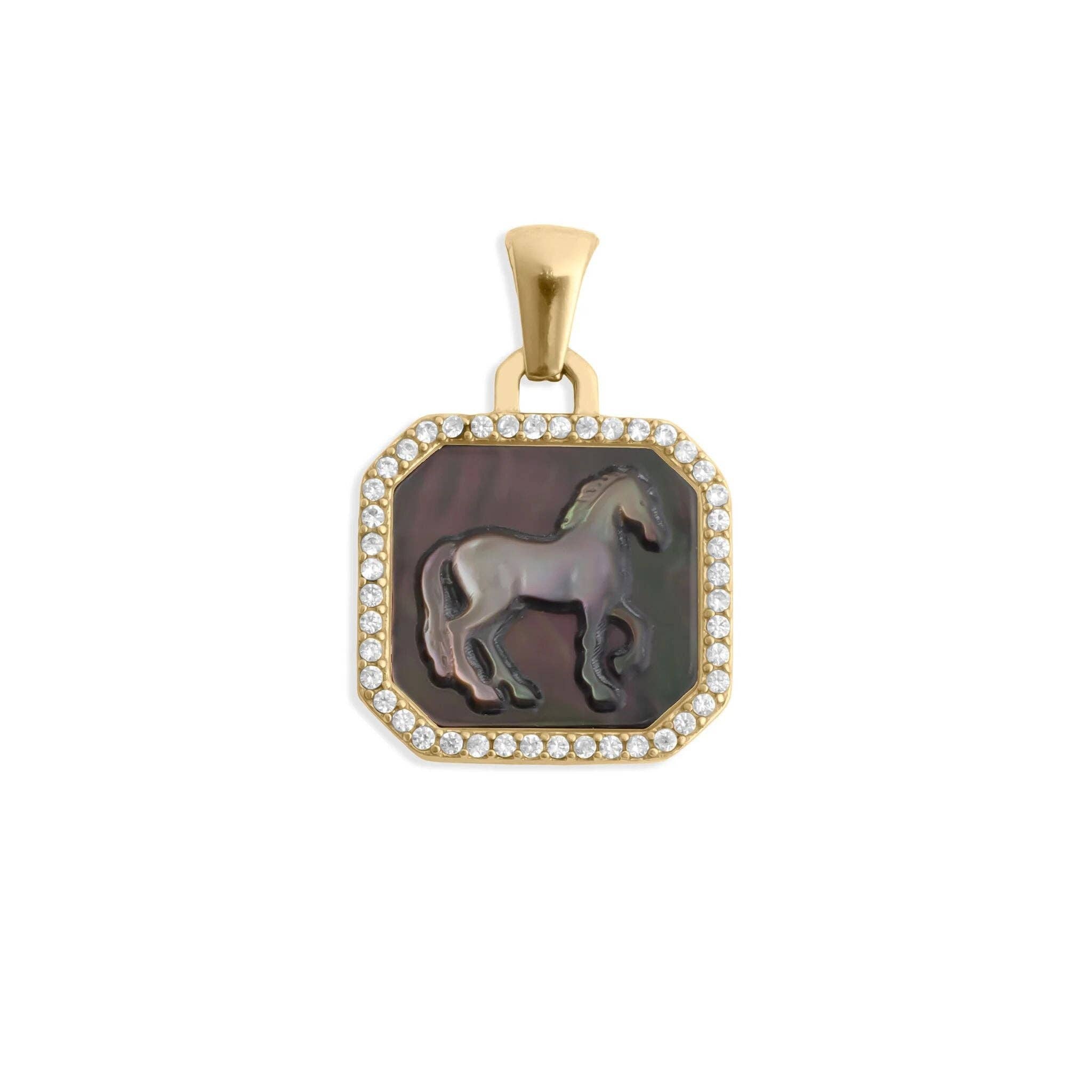 18K Gold Stainless Steel MOP Horse With CZ Stone Pendant
