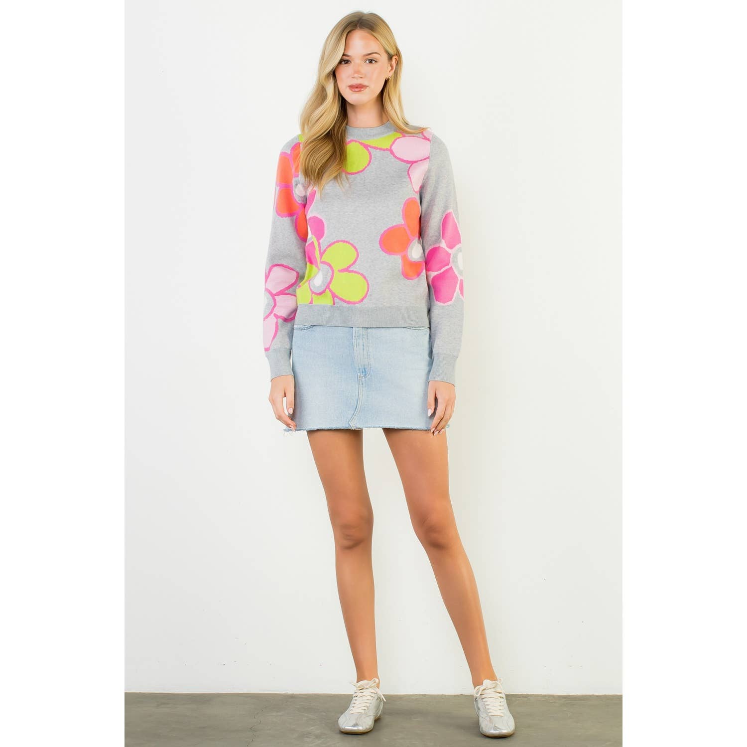 Color Block Flower Knit Sweater