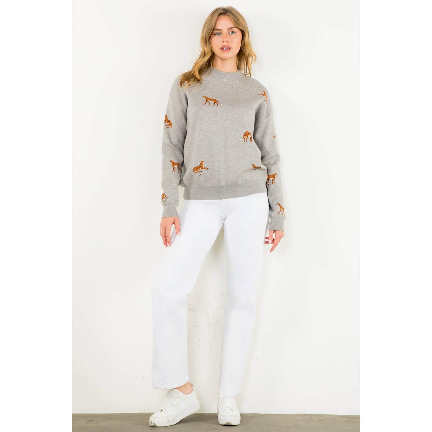 Embroidered Cheetah Crew Neck Sweater