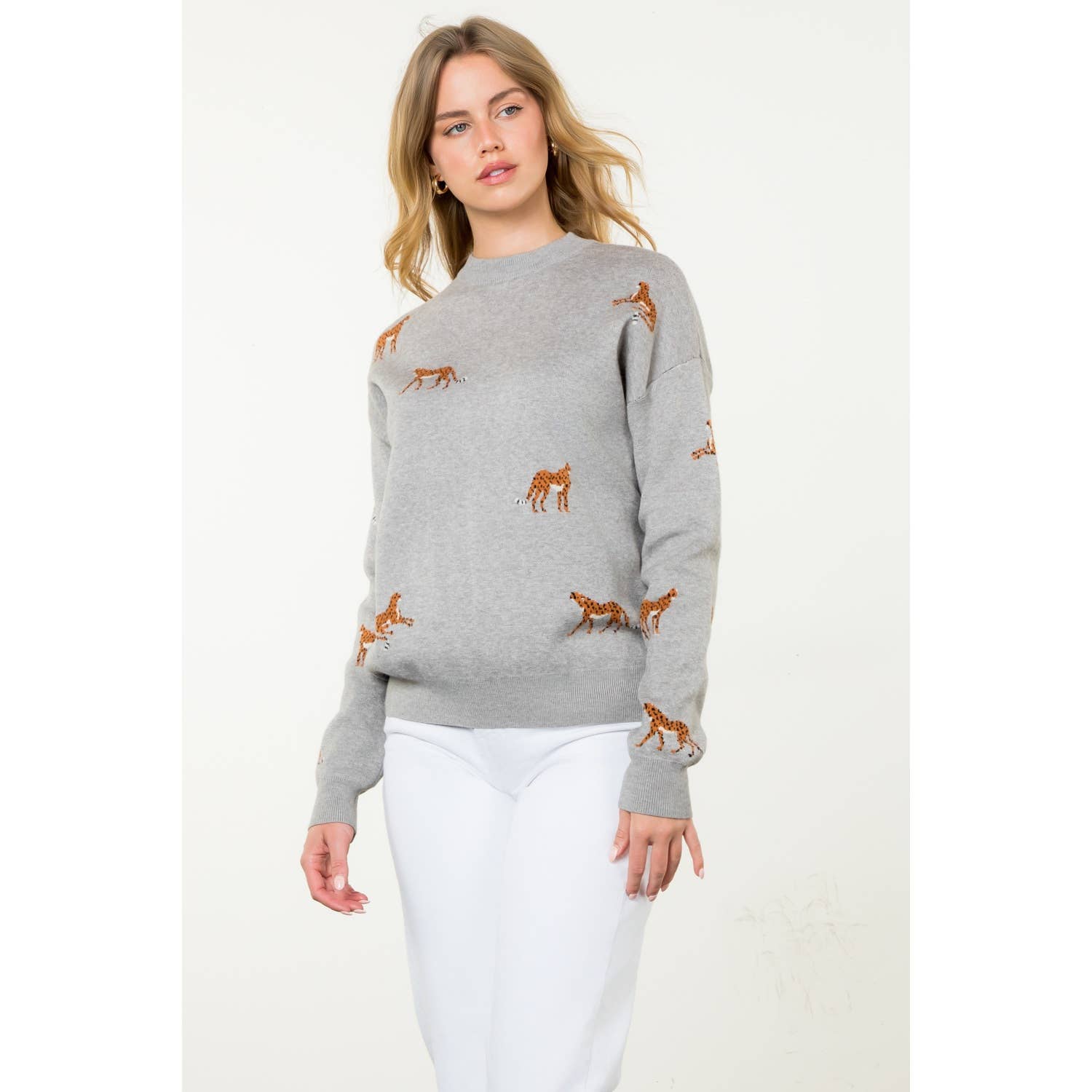 Embroidered Cheetah Crew Neck Sweater