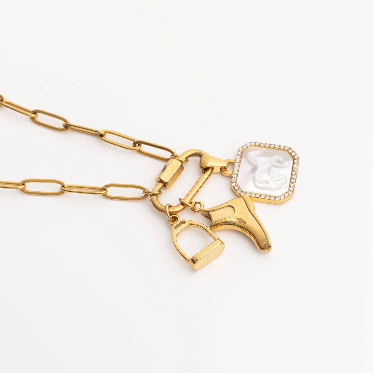 18K Gold Stainless Steel MOP Horse With CZ Stone Pendant