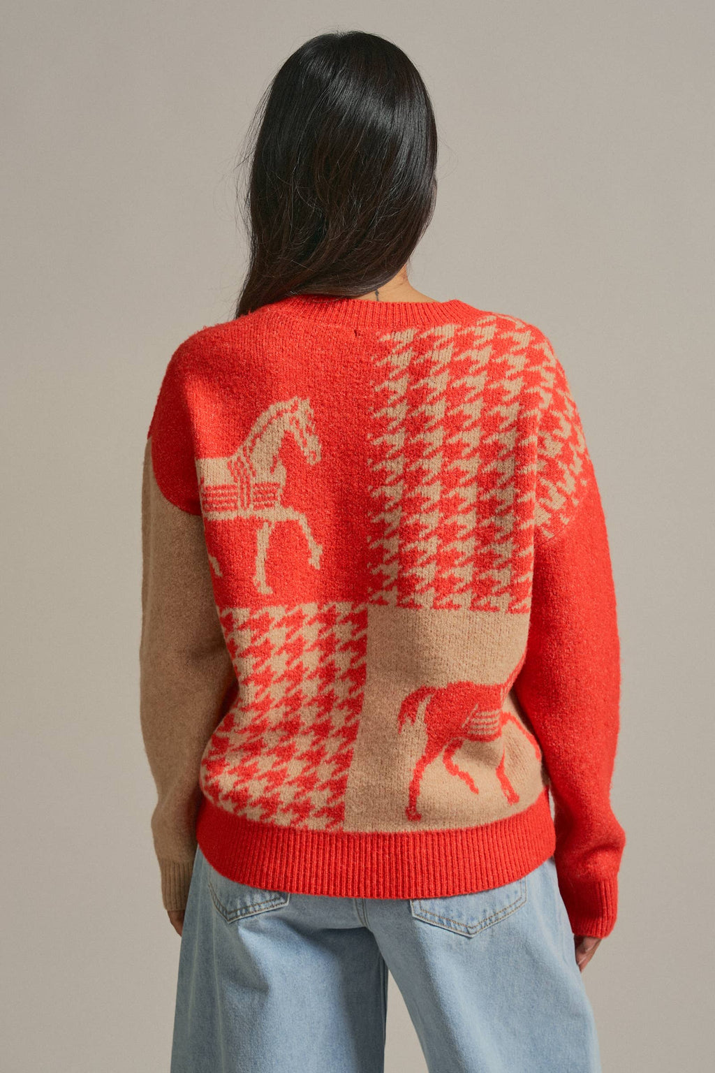 Houndstooth Horse Colorblock Knit Sweater