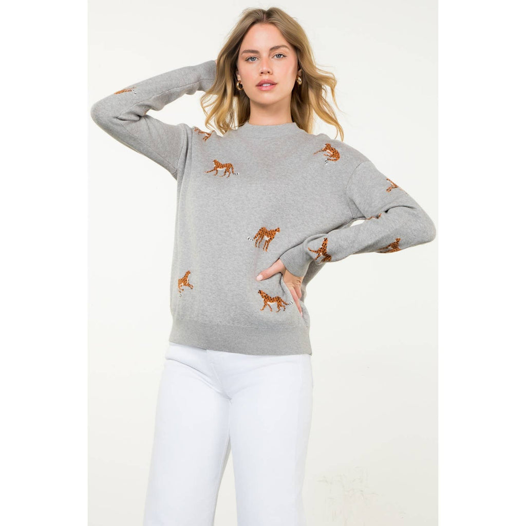 Embroidered Cheetah Crew Neck Sweater