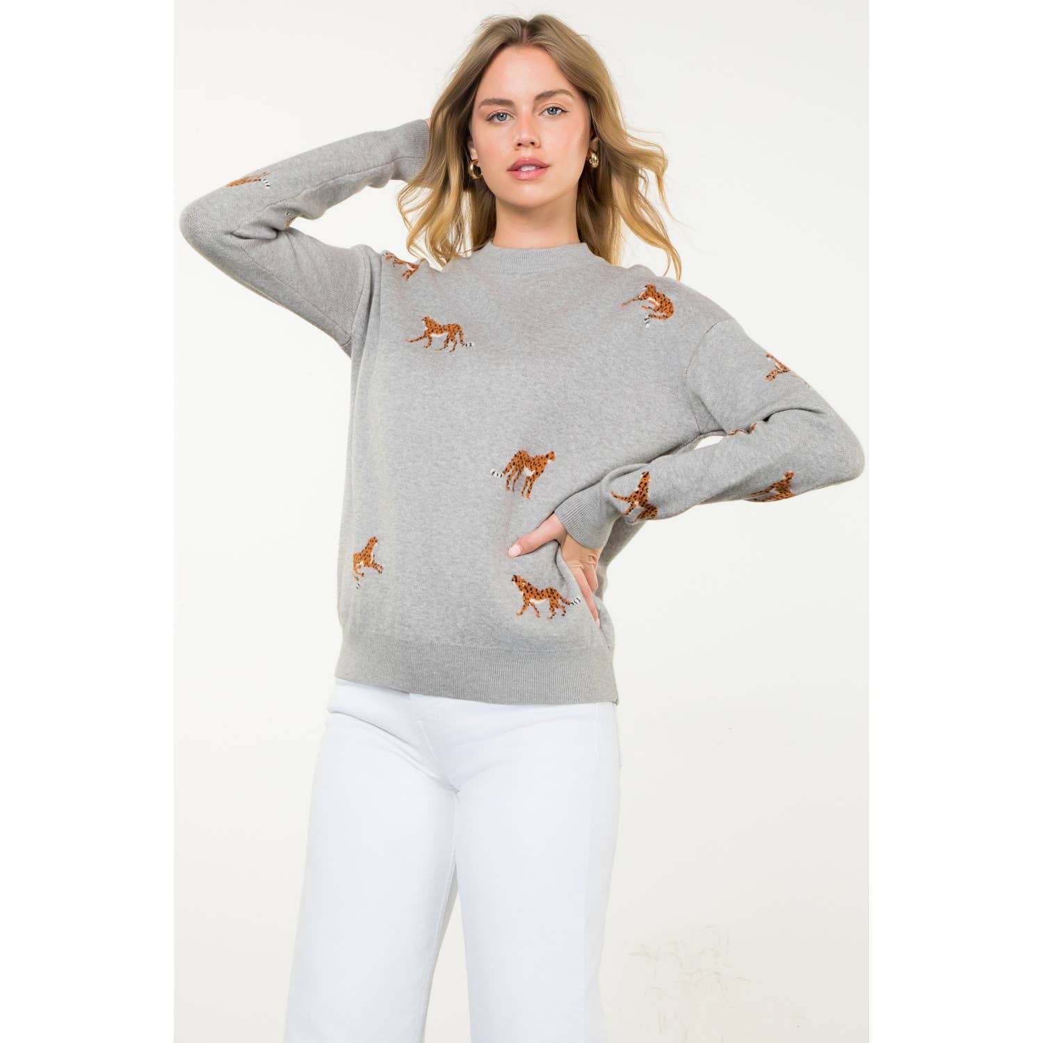 Embroidered Cheetah Crew Neck Sweater