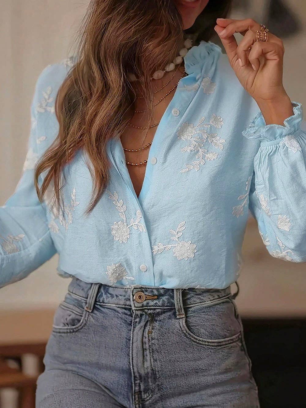 Romance Boho Ecru Floral Ruffled Blouse