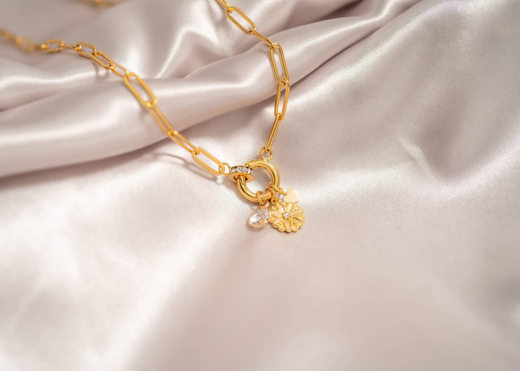 18K Gold PVD Paperclip Rhinestone Charm Holder Necklace