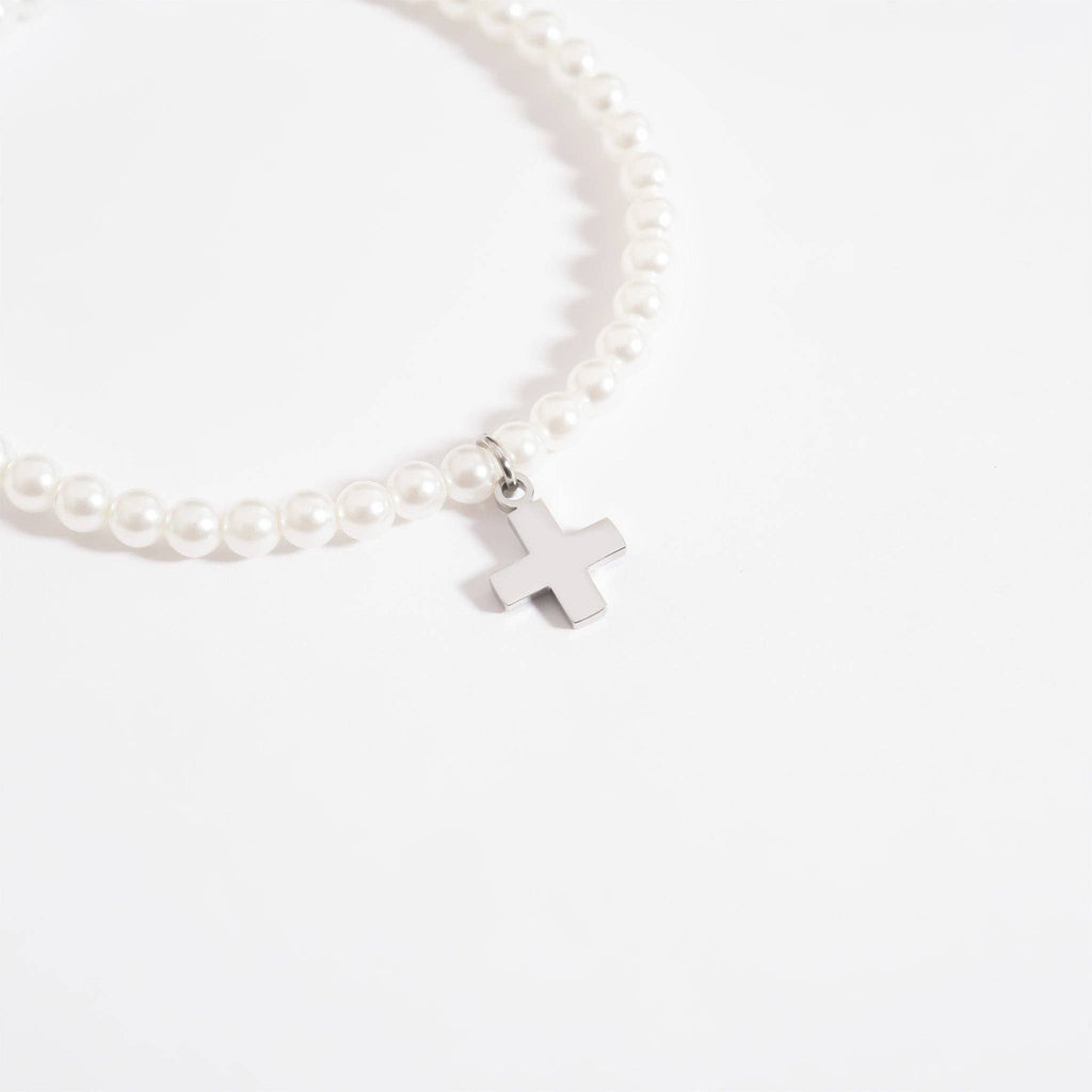 18K Gold PVD Cross Charm Pearl Beaded Bracelet