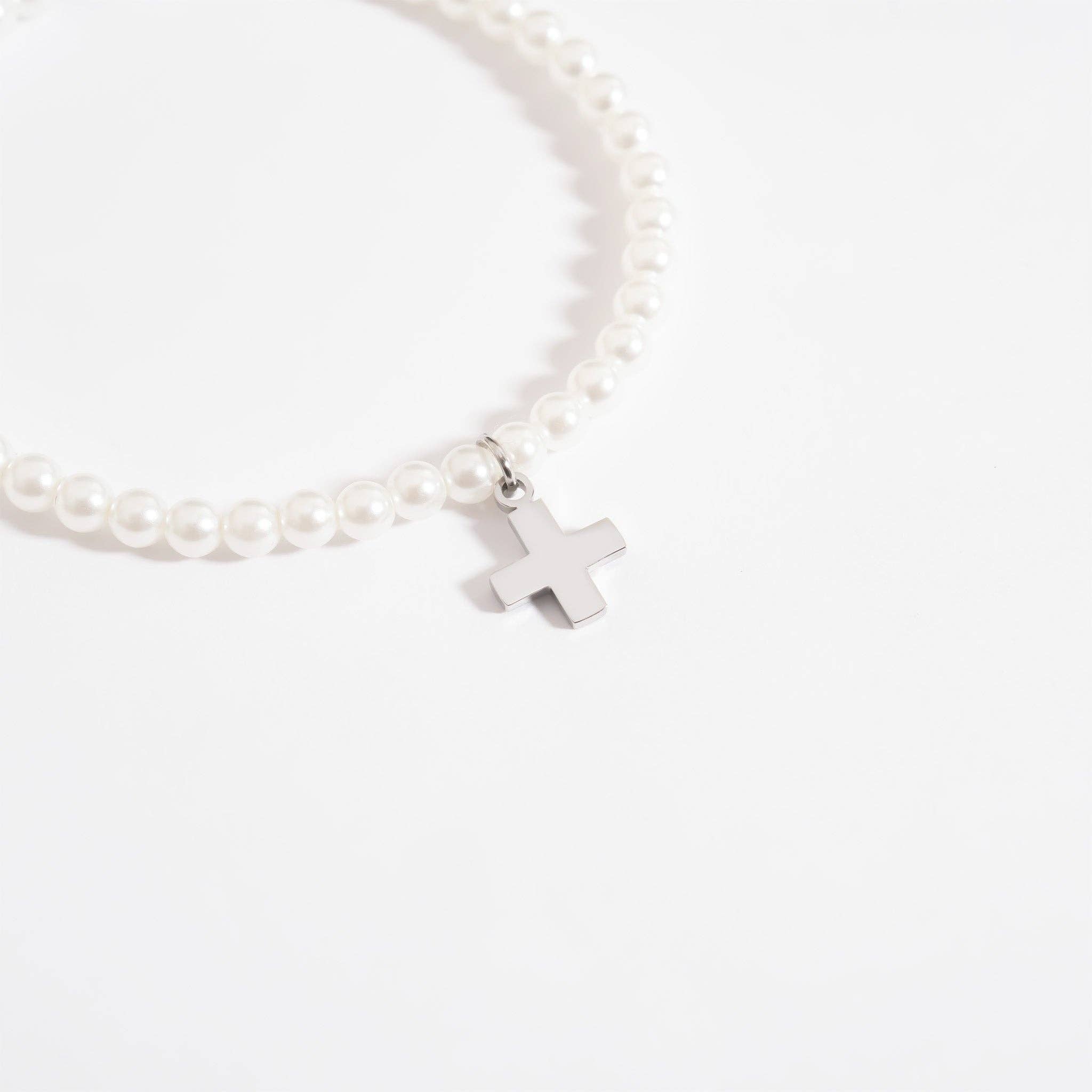 18K Gold PVD Cross Charm Pearl Beaded Bracelet