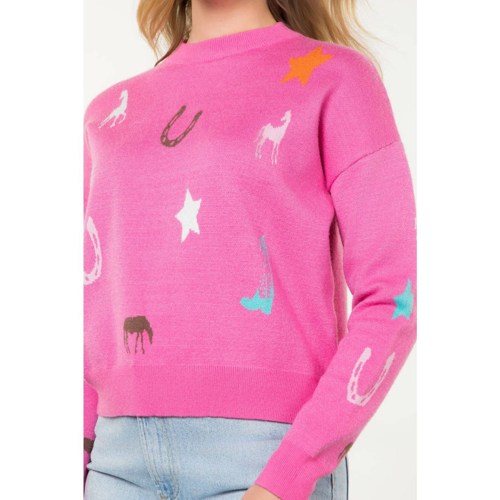 Western Motif Long Sleeve Knit Sweater