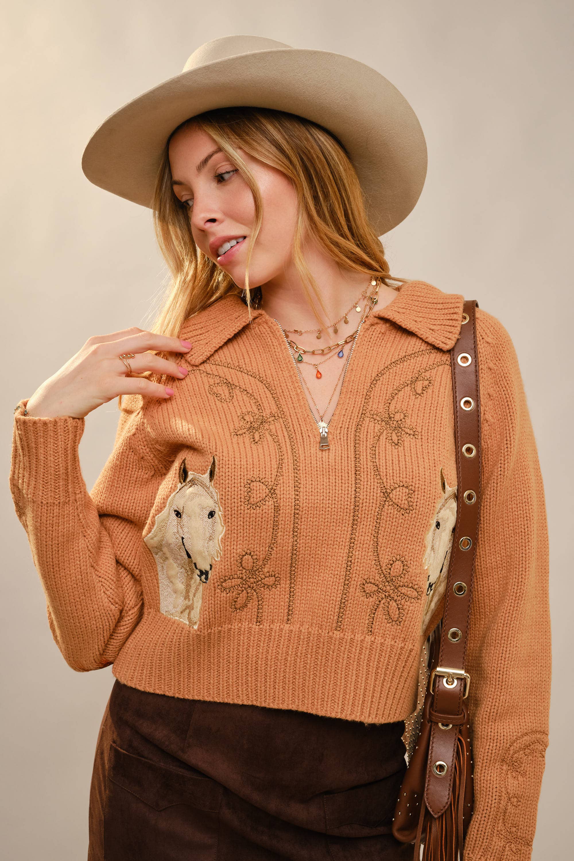 37044W - Horse Embroidered Zip Up Mock Neck Sweater