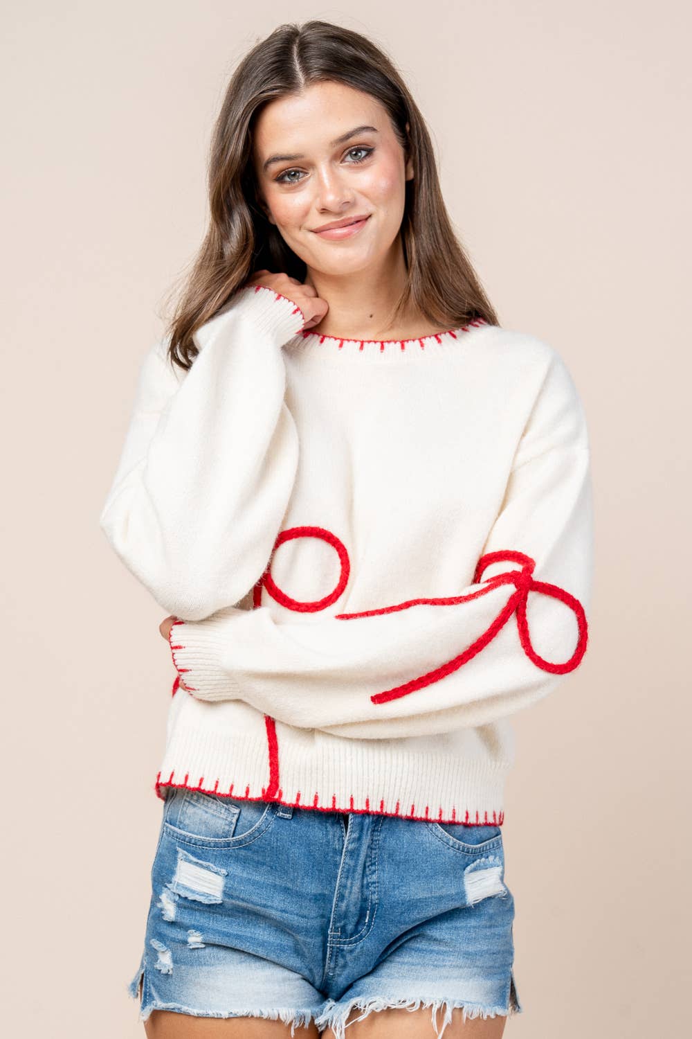 CT10615Y / BOW MOTIF W/ NECK CONTRAST PULLOVER