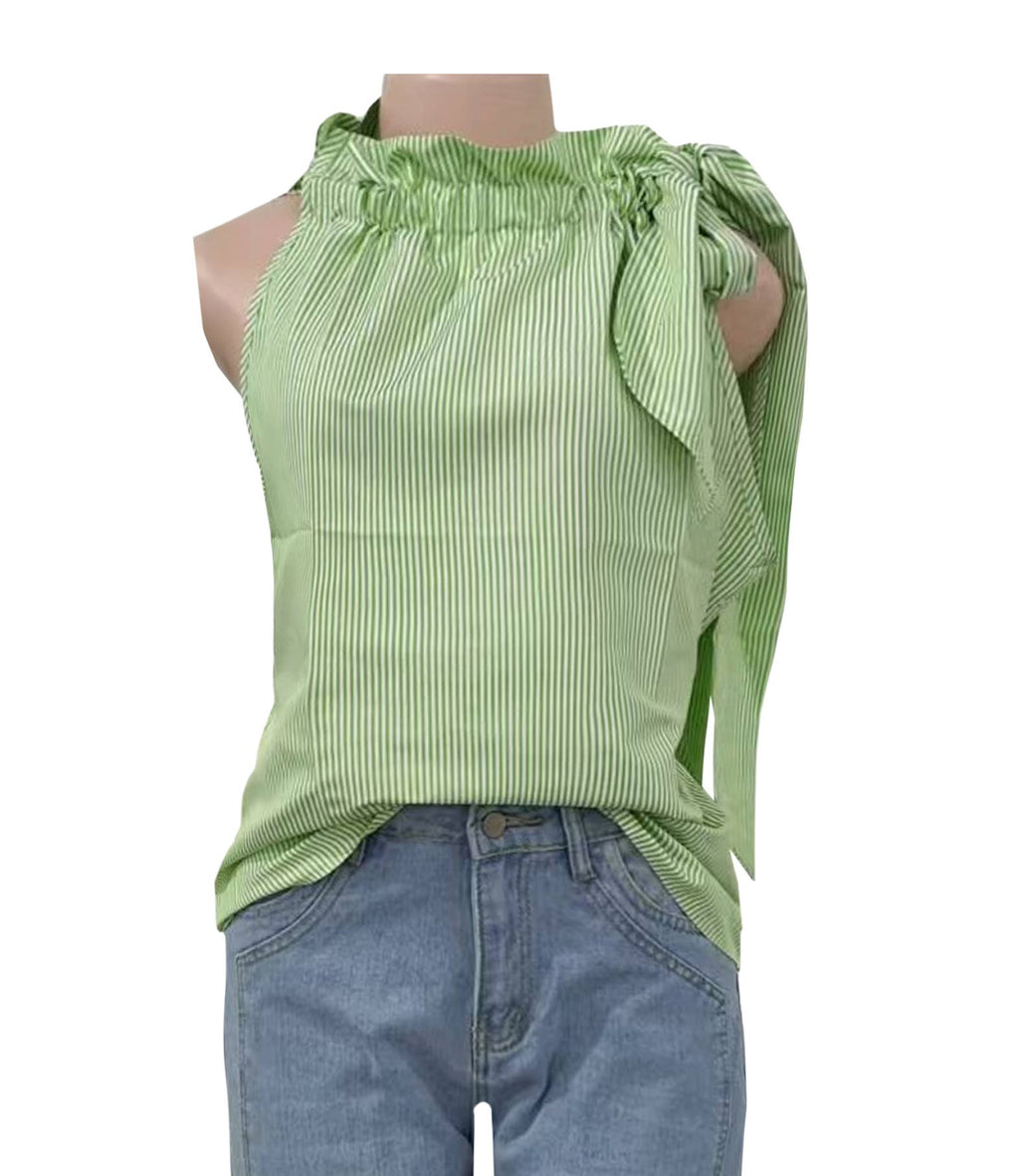 Fashion Striped Lace High Collar Tied Sleeveless Top
