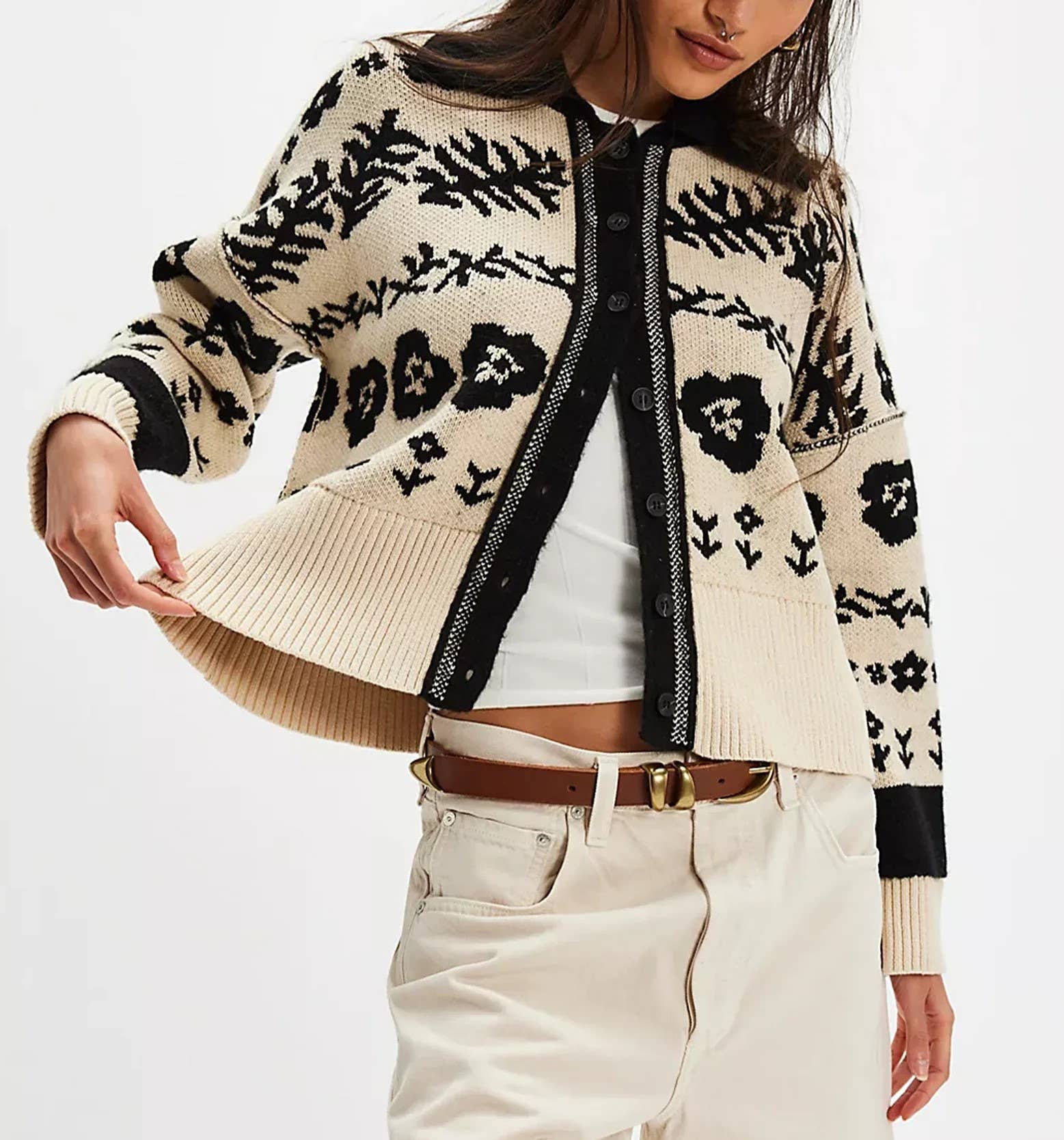 Vintage Boho Rose Jacquard Cowboy Cardigan