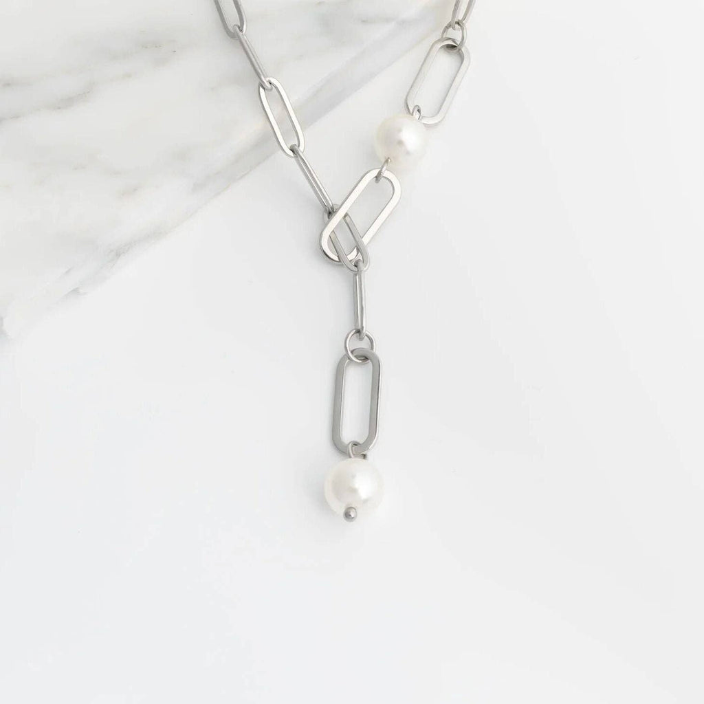 18K Gold PVD Stainless Steel Y Paperclip Necklace with Pearl