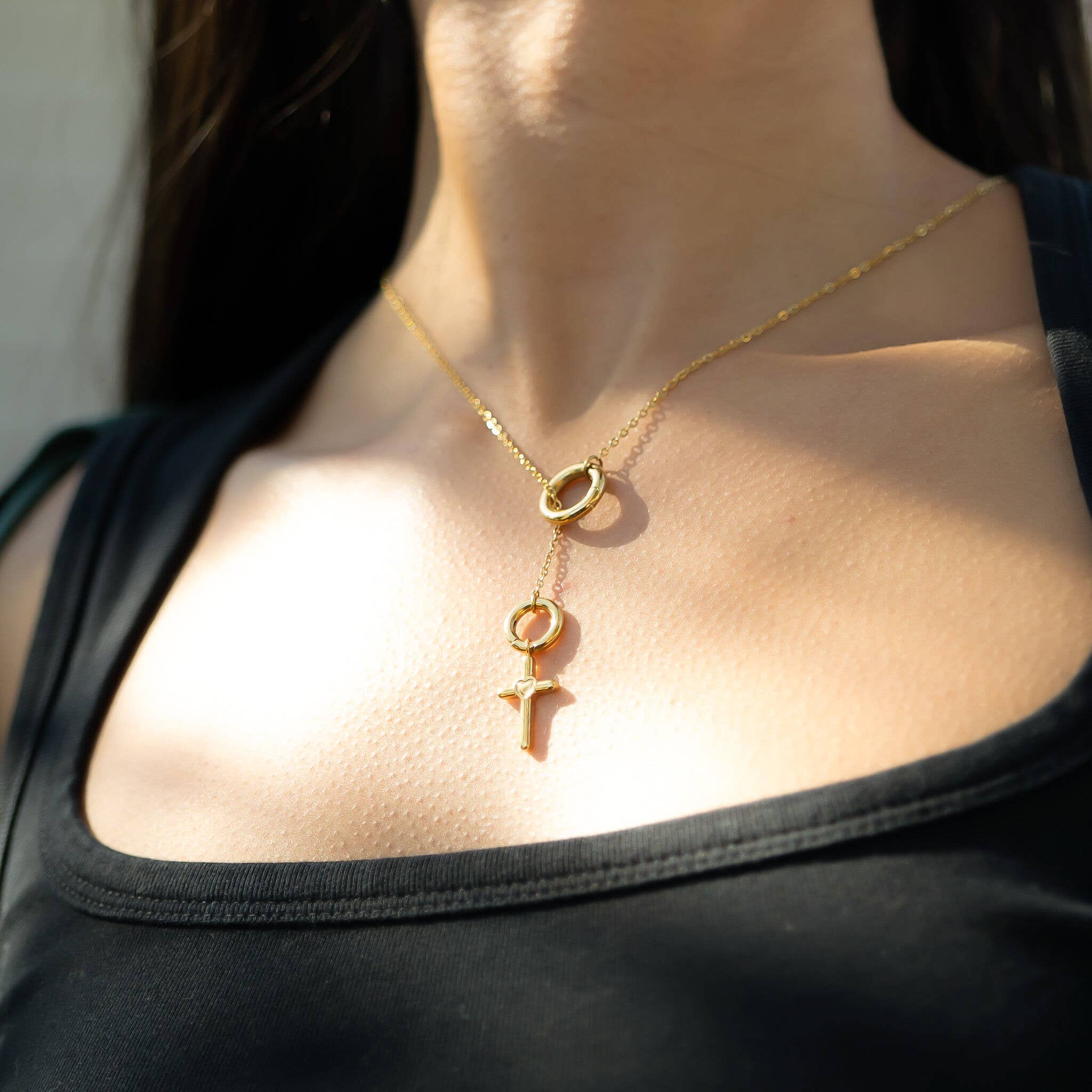 18K Gold PVD Stainless Steel Heart in Cross Charm