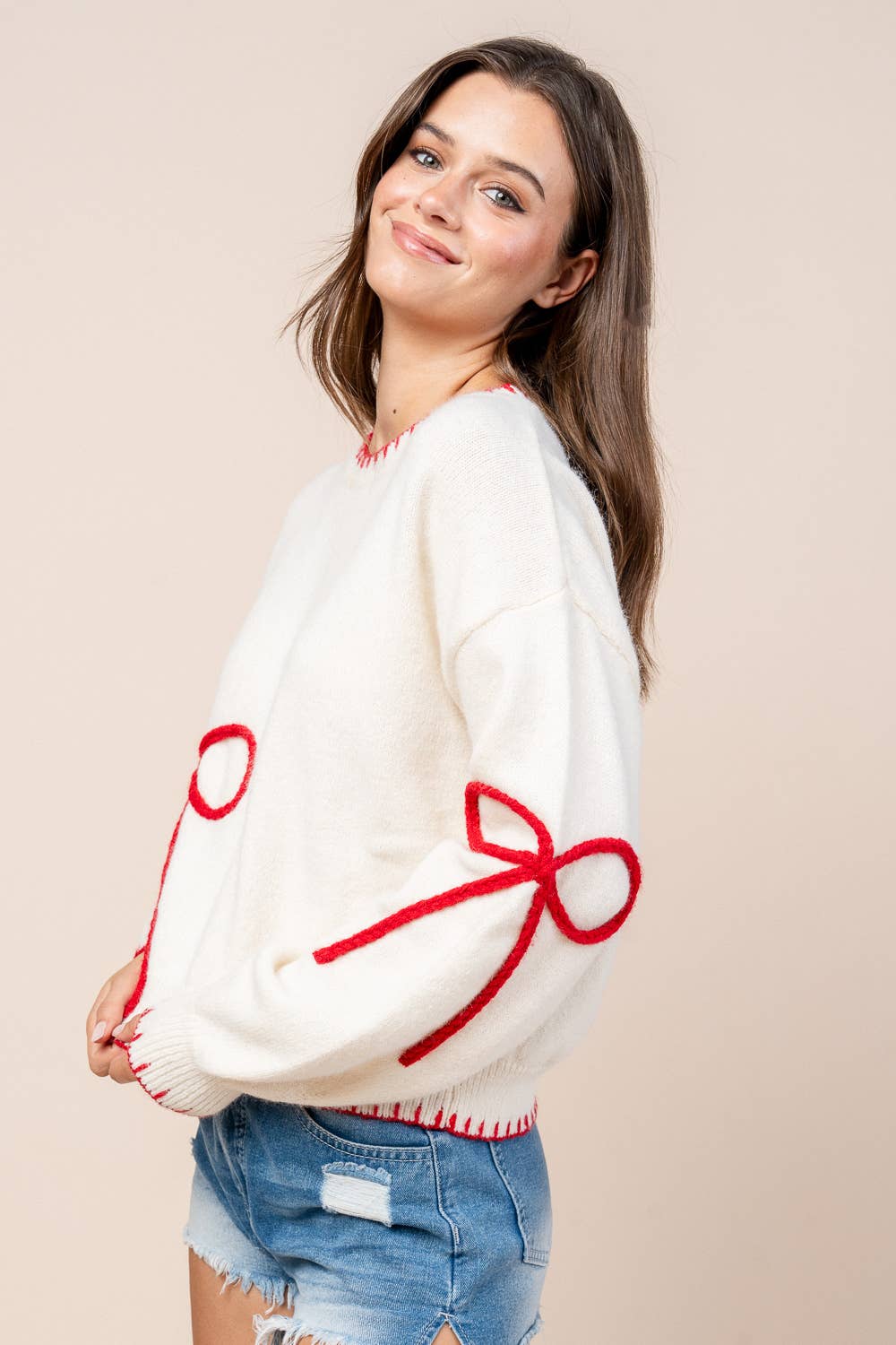 CT10615Y / BOW MOTIF W/ NECK CONTRAST PULLOVER