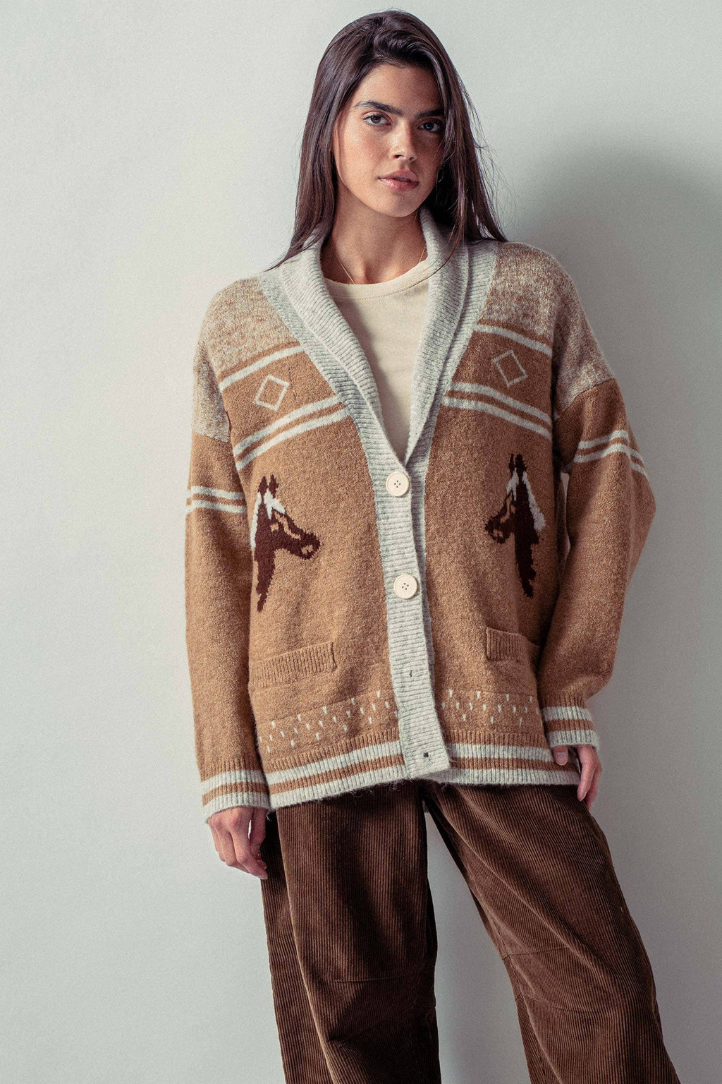 Horse Motif Shawl Collar Cardigan