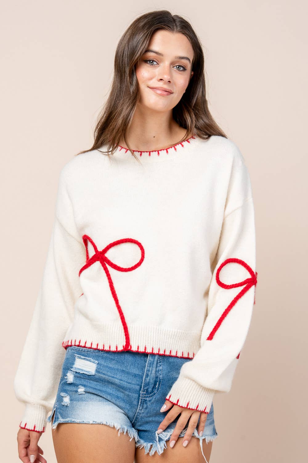CT10615Y / BOW MOTIF W/ NECK CONTRAST PULLOVER