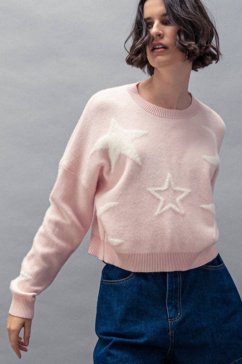 Celestial Star Moon Pattern Ribbed Crew Neck Cropped Sweater