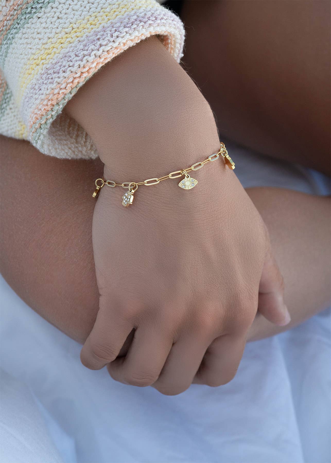 18K Gold PVD Hamsa & Evil Eye Paperclip Chain Charm Bracelet