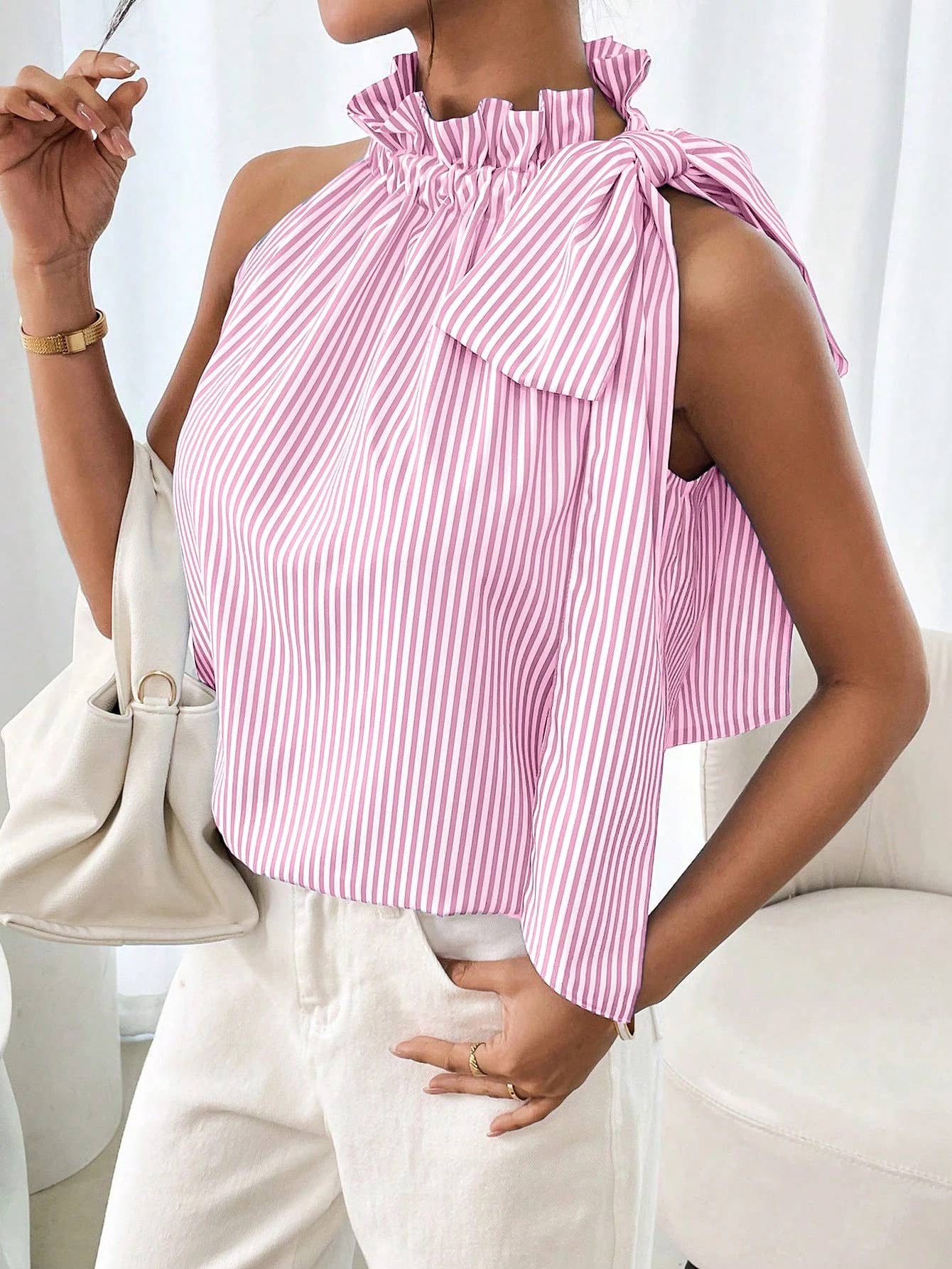 Fashion Striped Lace High Collar Tied Sleeveless Top