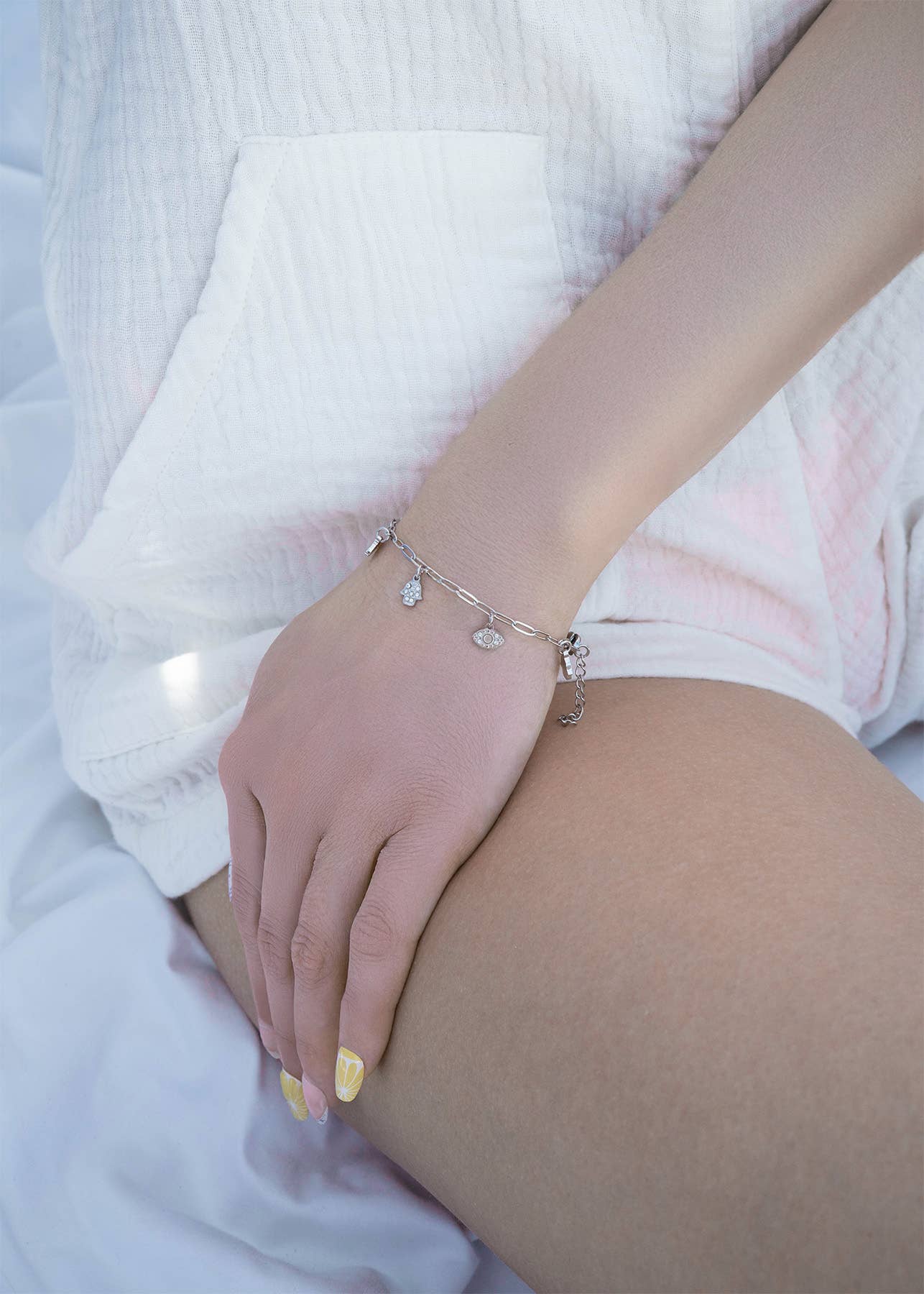 18K Gold PVD Hamsa & Evil Eye Paperclip Chain Charm Bracelet