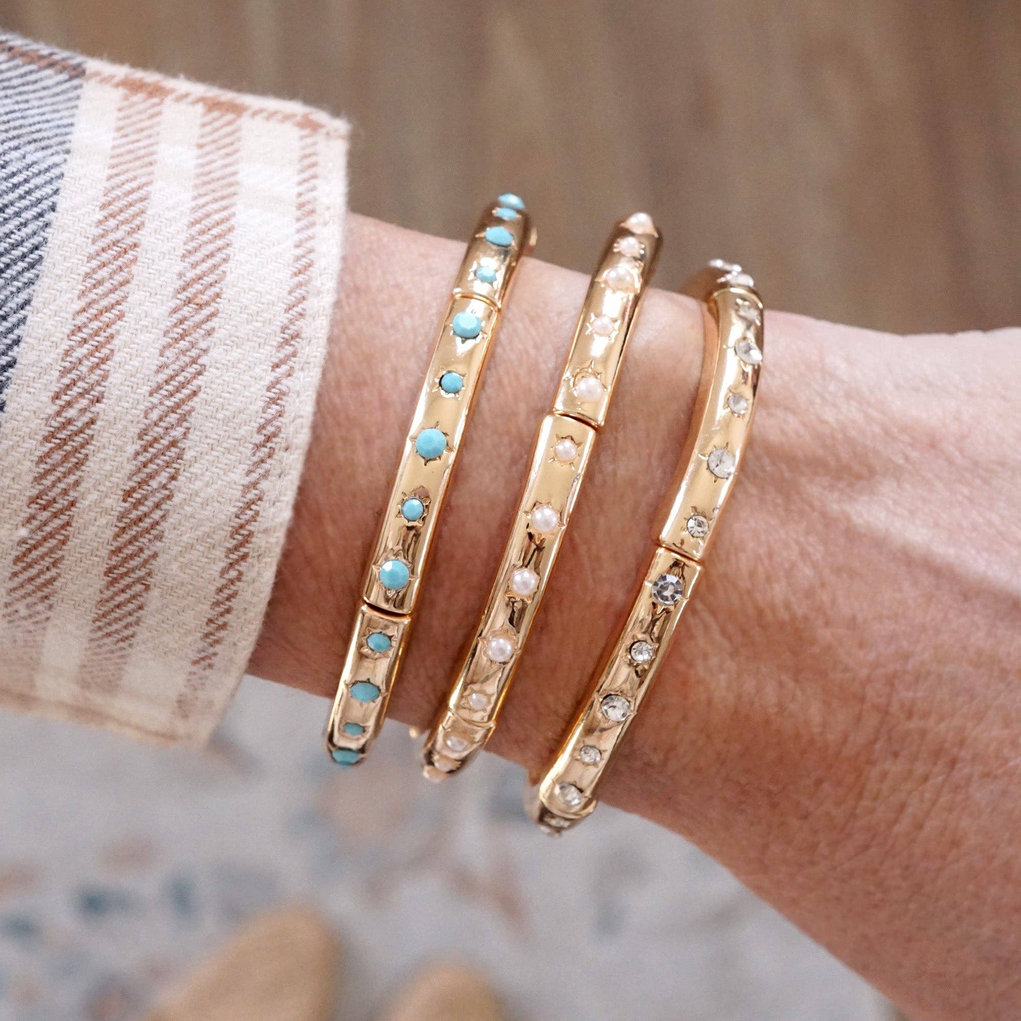 Gold-Tone Eternity Stretch Bangle – Pearls, Turquoise, or Crystals
