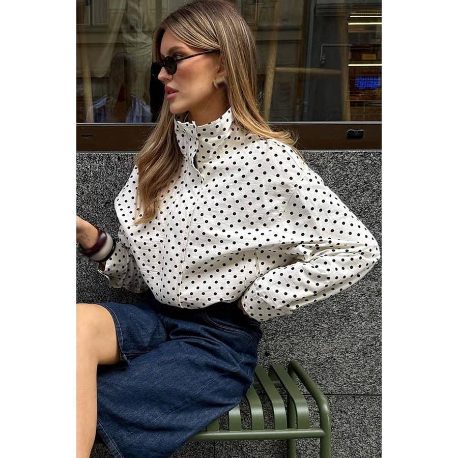 Turtleneck Zipper Polka Dot Printed Jacket