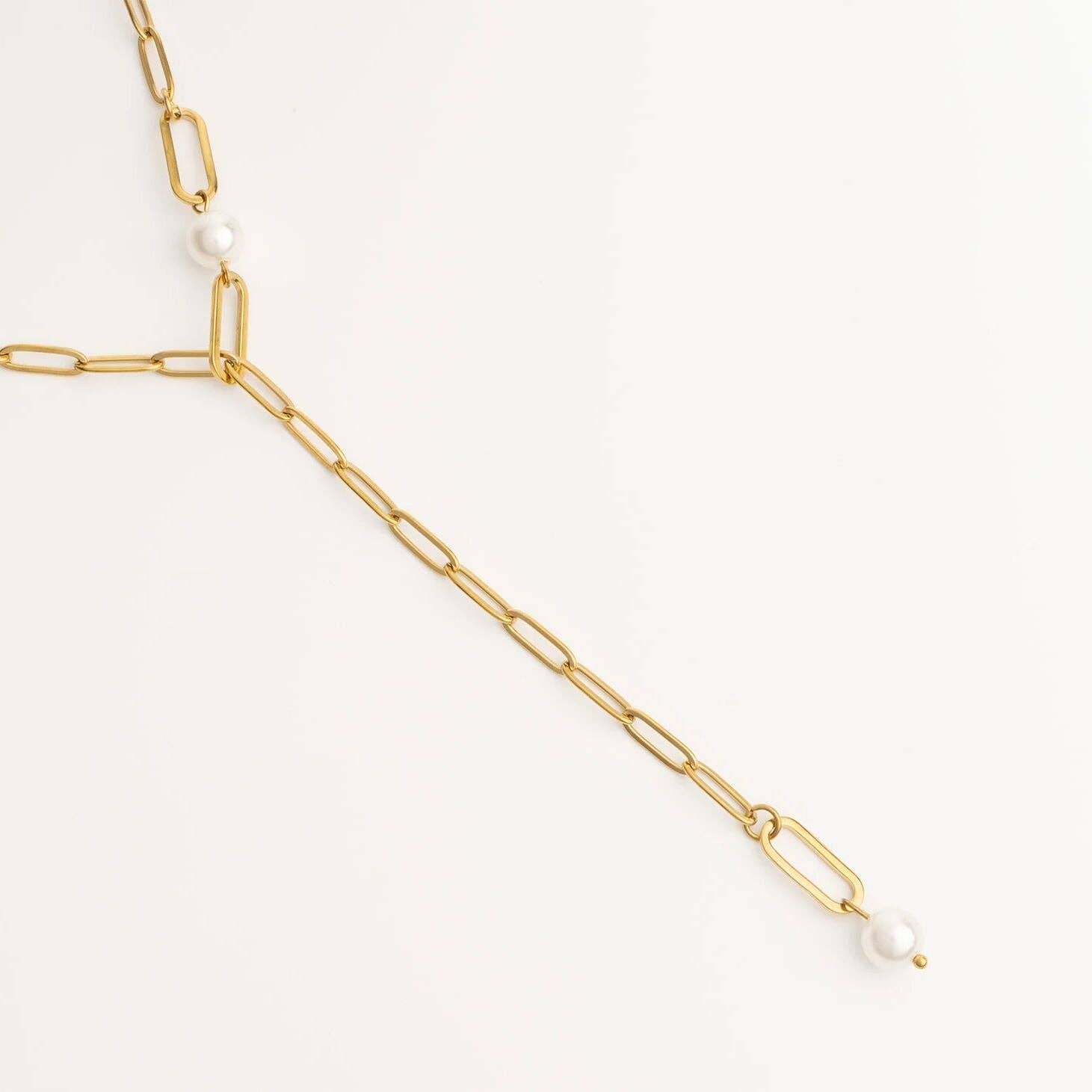 18K Gold PVD Stainless Steel Y Paperclip Necklace with Pearl