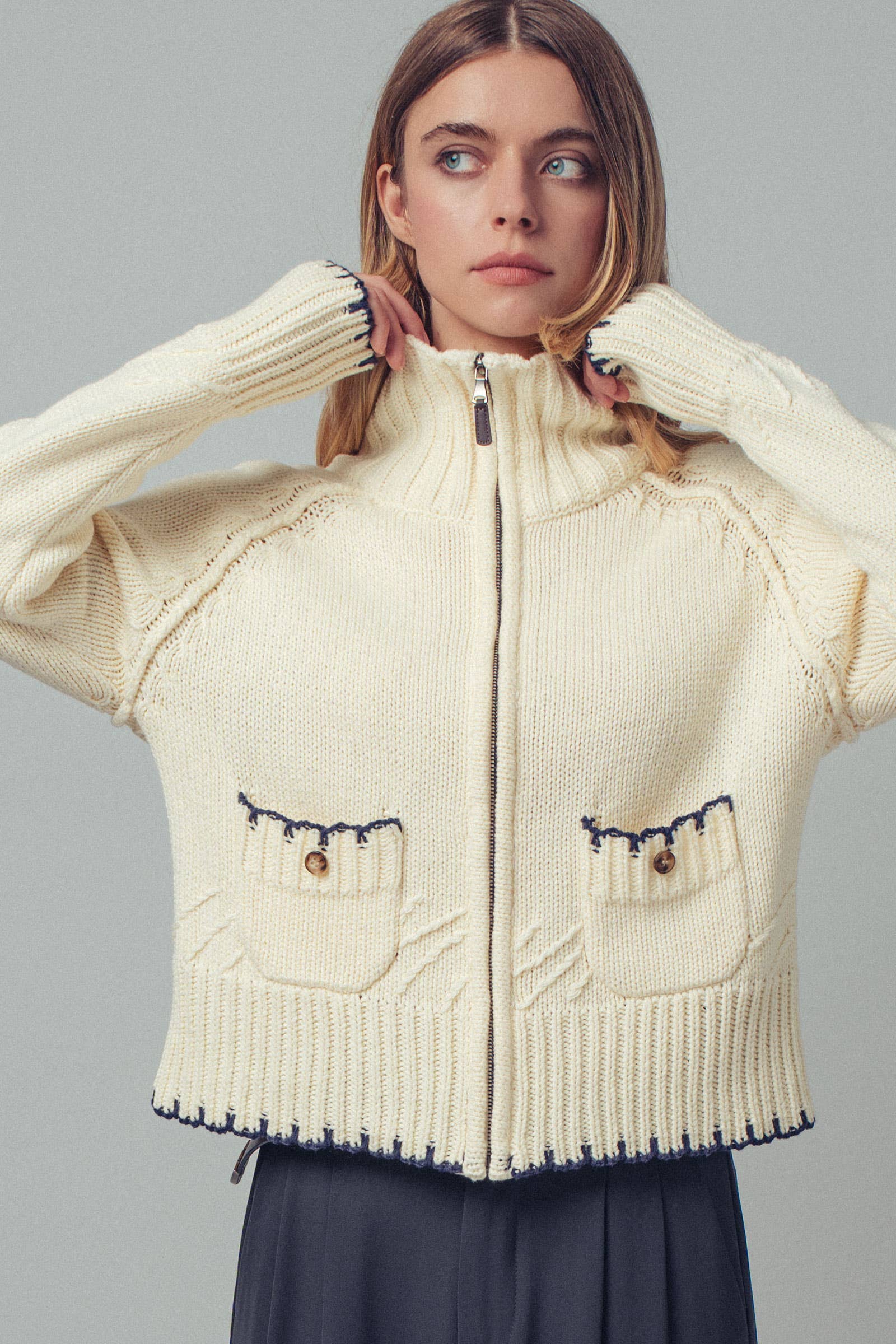 Modern Contrast-Trim Zip-Up Knit Sweater