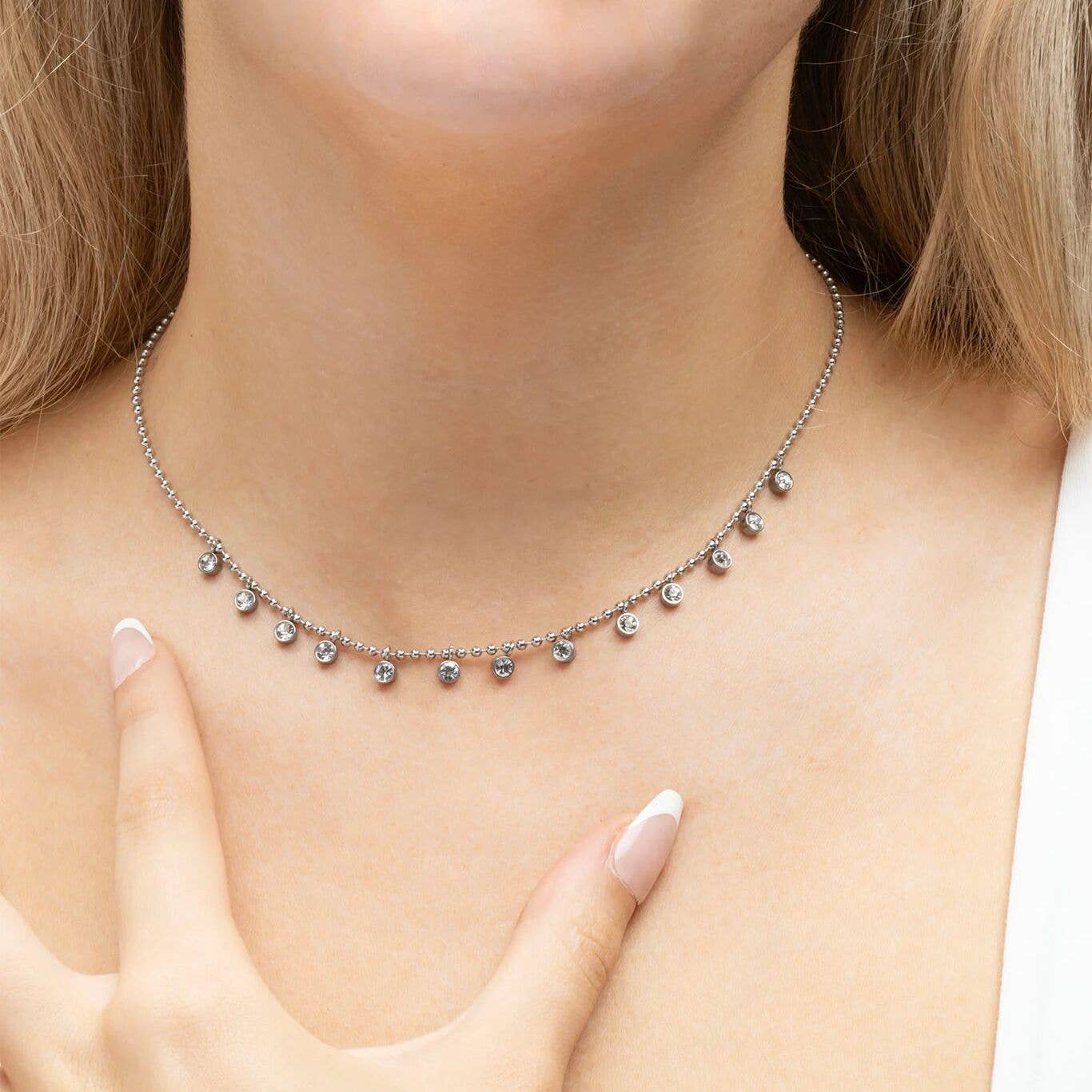 18K Gold PVD Stainless Steal Round Stone Dangle Necklace