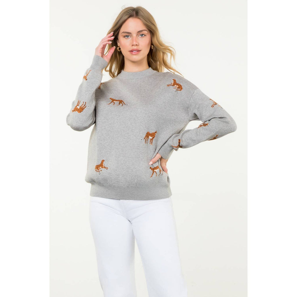 Embroidered Cheetah Crew Neck Sweater