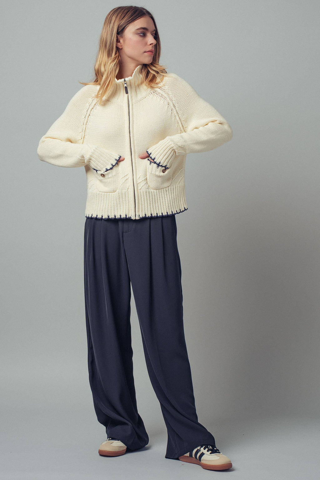 Modern Contrast-Trim Zip-Up Knit Sweater