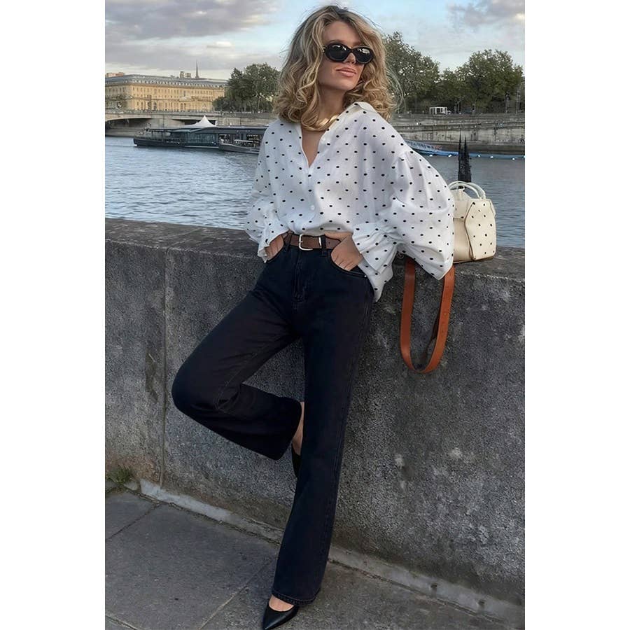 Drop Shoulder Loose Casual Polka Dot Shirt