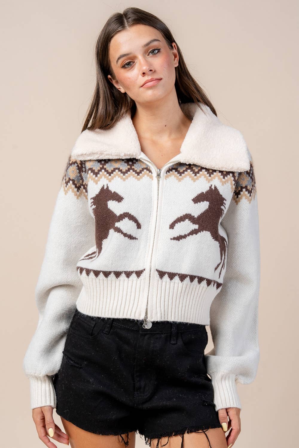 CG60059B / ZIP FRONT CARDIGAN SWEATER W/ FUR COLLAR