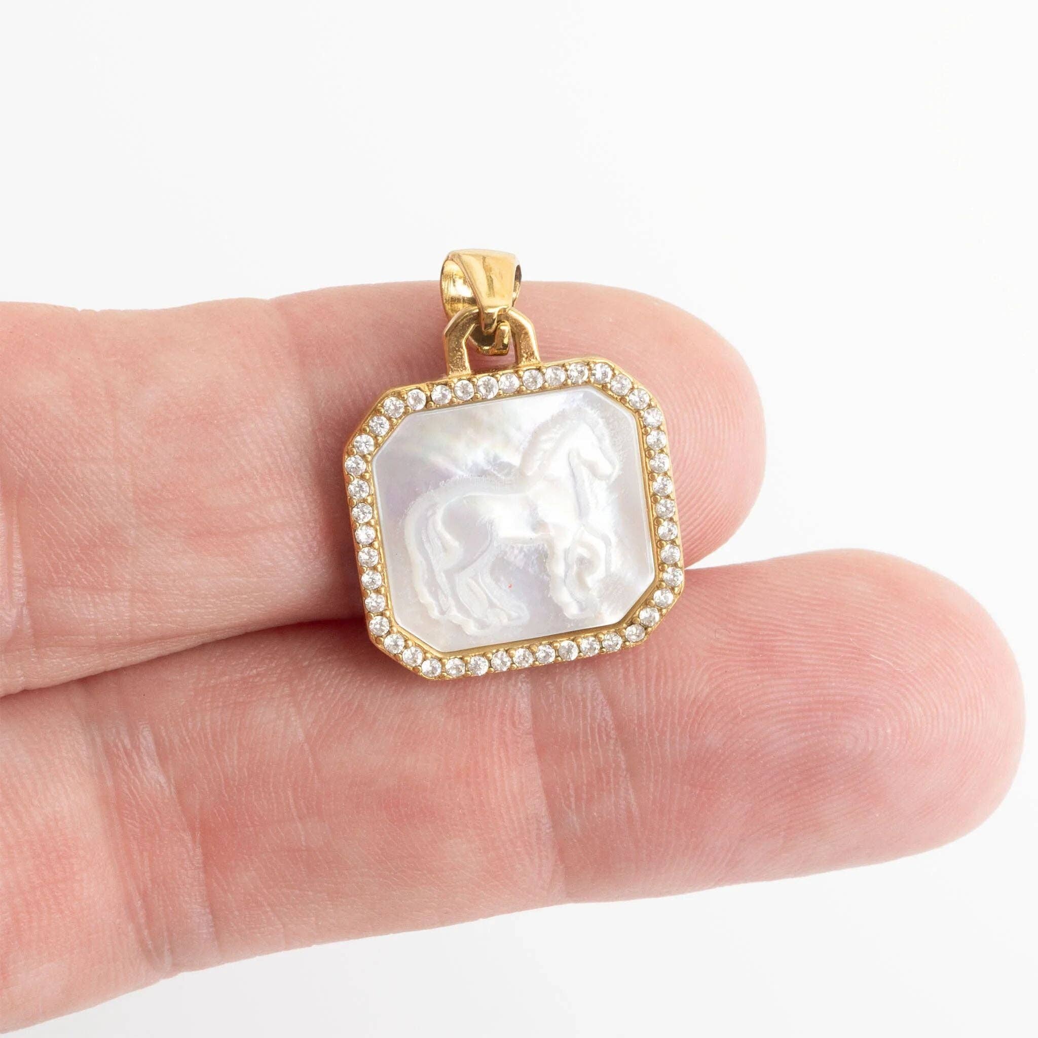 18K Gold Stainless Steel MOP Horse With CZ Stone Pendant