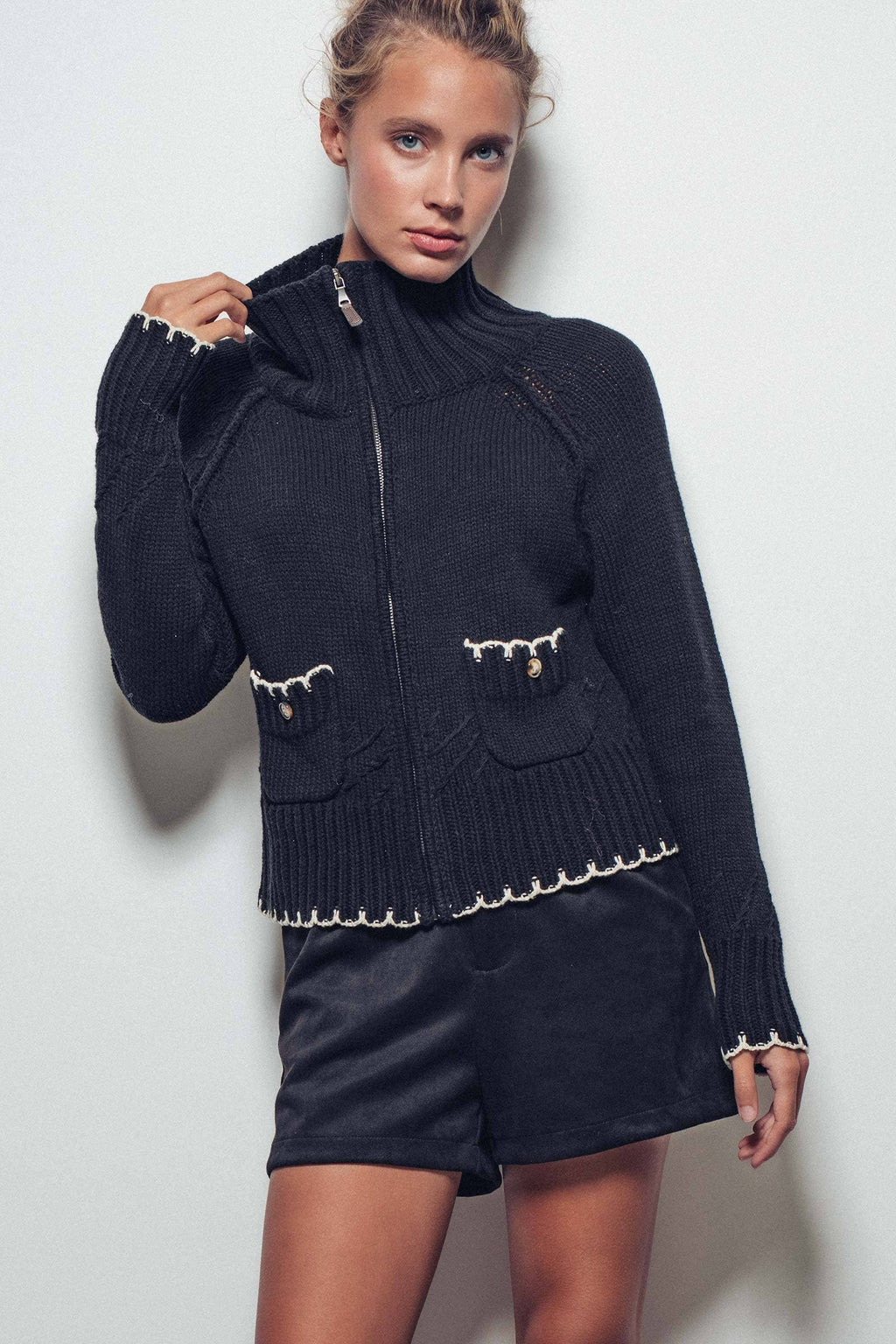 Modern Contrast-Trim Zip-Up Knit Sweater