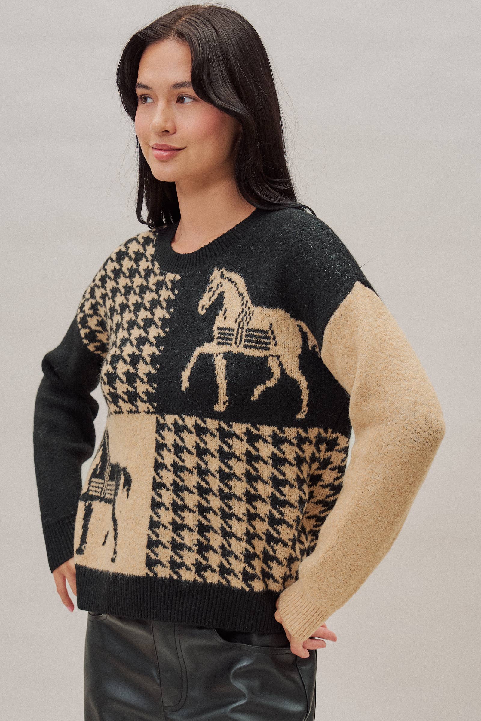 Houndstooth Horse Colorblock Knit Sweater