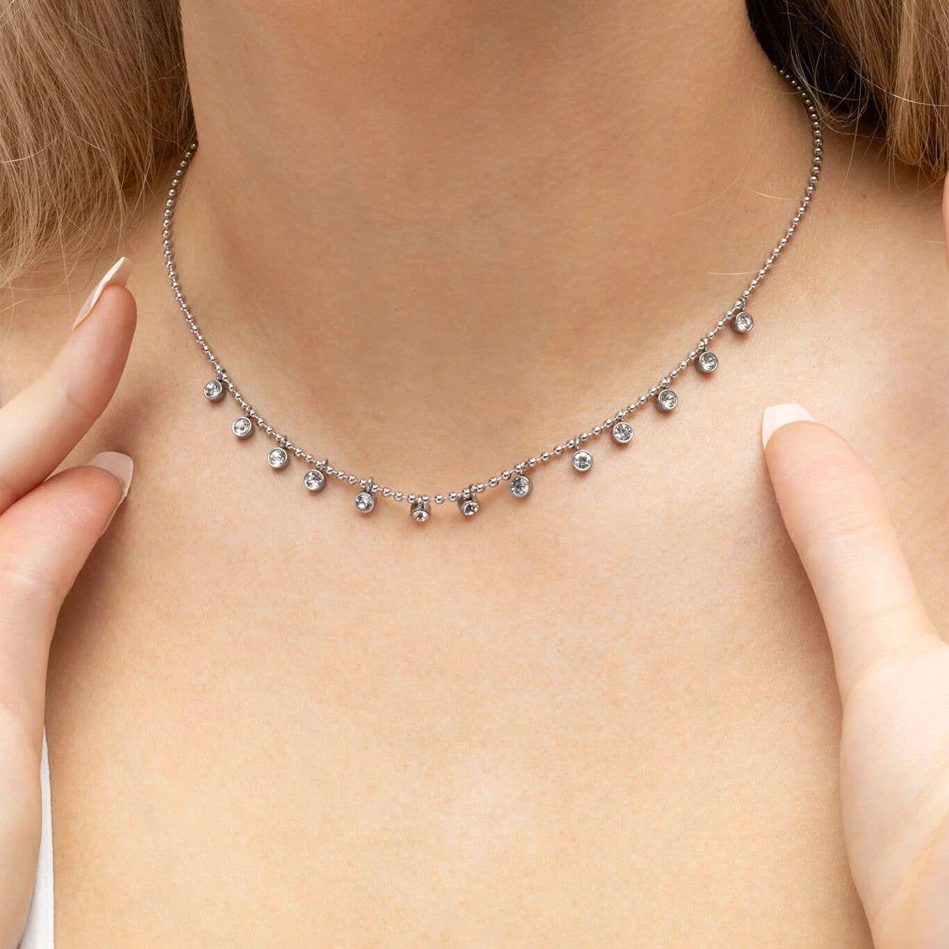 18K Gold PVD Stainless Steal Round Stone Dangle Necklace