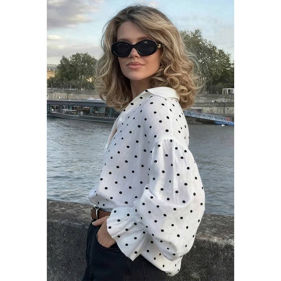 Drop Shoulder Loose Casual Polka Dot Shirt