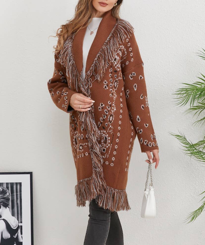 Western boho jacquard fringed open-front cardigan
