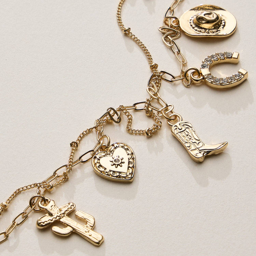 Western Charm Bracelet with Cowboy Boot, Hat, Horseshoe, Cactus & Heart Pendants