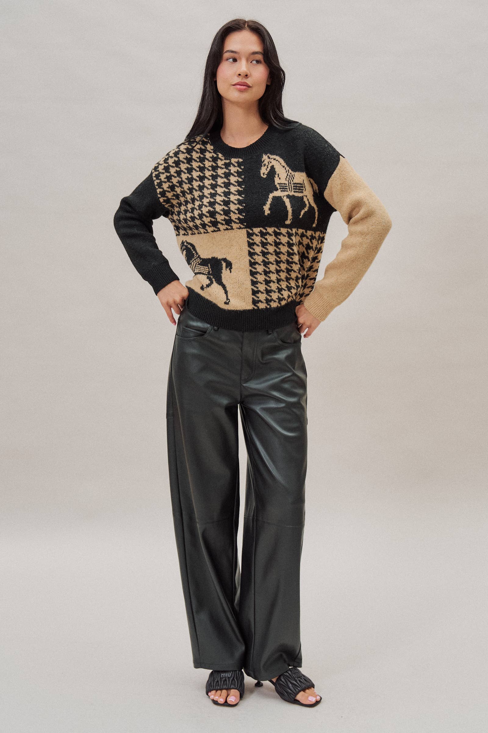 Houndstooth Horse Colorblock Knit Sweater